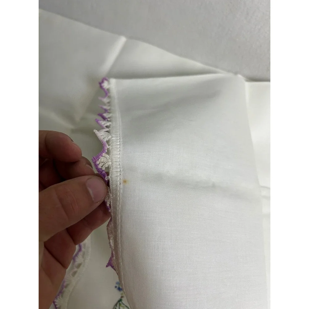 Vintage Cottagecore Hand Embroidered Pillowcase Standard White Purple Floral